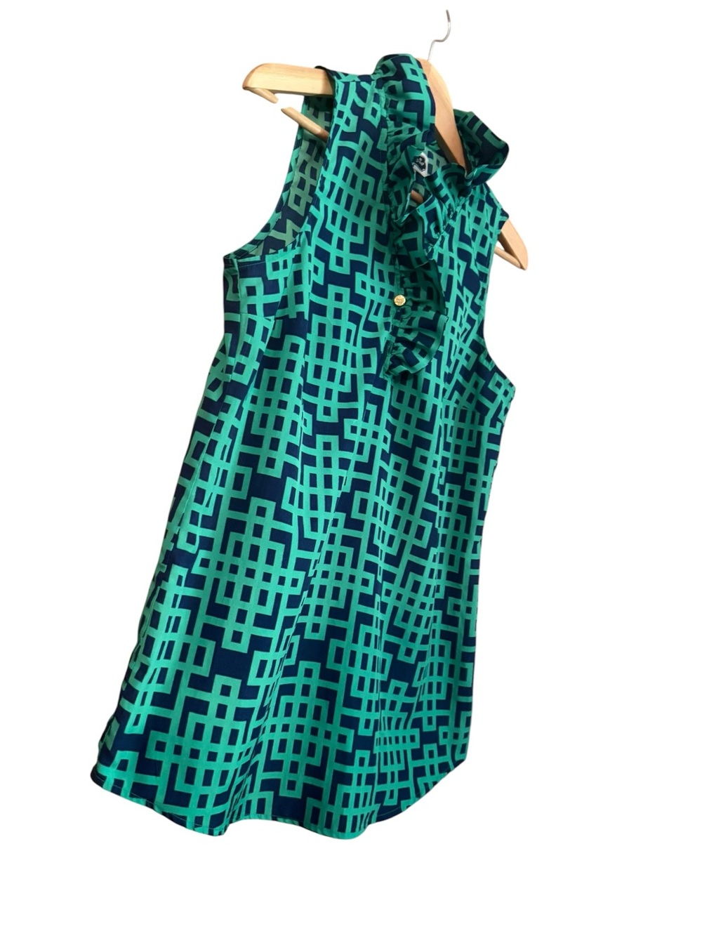 Mud Pie Teal & Navy Geometric Ruffle Sleeveless Blouse - Picture 3 of 11